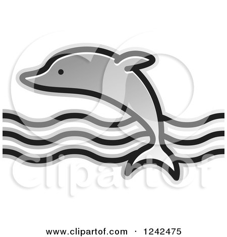 Clipart of a Silver Leaping Dolphin and Waves - Royalty Free Vector Illustration by Lal Perera