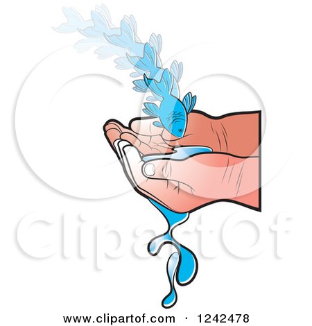 Clipart of a Caucasian Child's Hands with Water and a Fish - Royalty Free Vector Illustration by Lal Perera