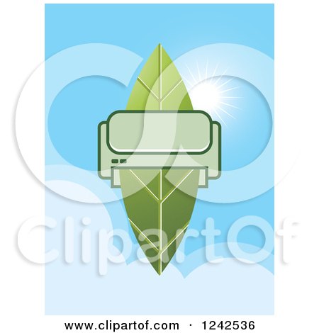 Clipart of a Green Printer and Leaf over a Blue Sky - Royalty Free Vector Illustration by Lal Perera