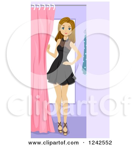 Clipart of a Young Woman Trying on a Black Dress in a Fitting Room - Royalty Free Vector Illustration by BNP Design Studio