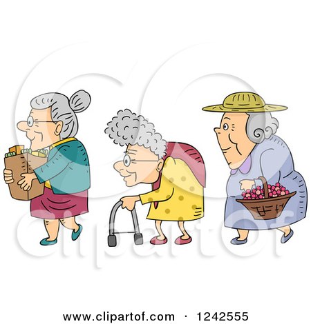 Clipart of Senior Ladies with Groceries, a Walker and Basket of Flowers - Royalty Free Vector Illustration by BNP Design Studio