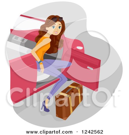 Clipart of a Young Woman Exiting a Convertible Car with Luggage - Royalty Free Vector Illustration by BNP Design Studio