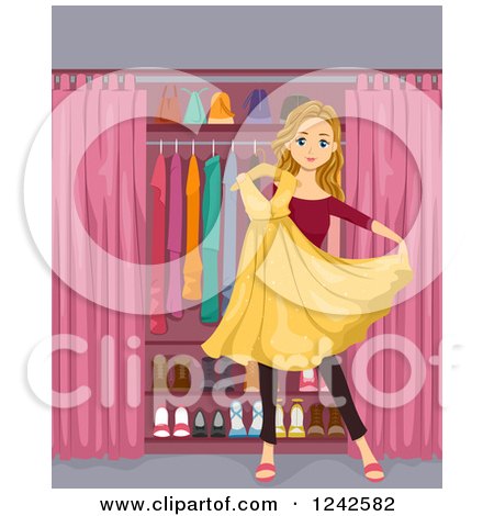 Clipart of a Teenage Girl Holding a Sparkly Yellow Dress in Front of a Closet - Royalty Free Vector Illustration by BNP Design Studio
