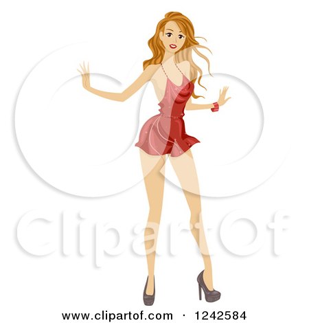 Clipart of a Caucasian Woman Dancing in a Short Dress and High Heels - Royalty Free Vector Illustration by BNP Design Studio