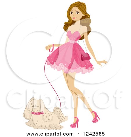 Clipart of a Young Woman Wearing a Pink Dress and Walking Her Dog - Royalty Free Vector Illustration by BNP Design Studio