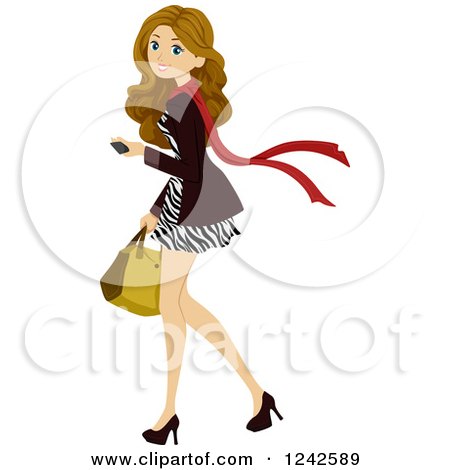 Clipart of a Woman in a Zebra Print Dress, Walking with a Cell Phone in Hand - Royalty Free Vector Illustration by BNP Design Studio