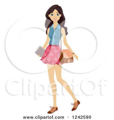 Clipart of a Casual Yong Woman Carrying a Book and Wearing a Skirt - Royalty Free Vector Illustration by BNP Design Studio