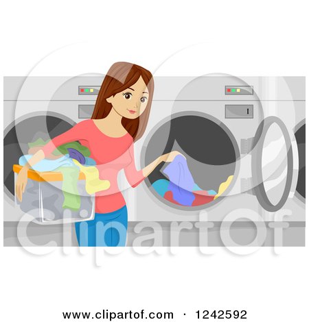 Clipart of a Brunette Woman Putting Clothes in a Laundromat Machine - Royalty Free Vector Illustration by BNP Design Studio