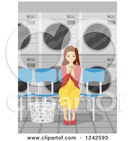 Clipart of a Young Brunette Woman Waiting at the Laundromat - Royalty Free Vector Illustration by BNP Design Studio