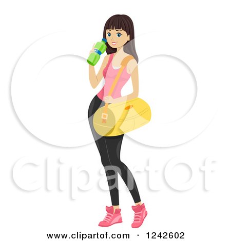 Clipart of a Young Woman with a Workout Bag and Water Bottle - Royalty Free Vector Illustration by BNP Design Studio