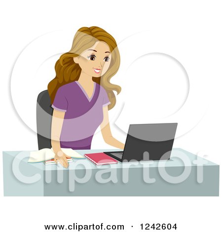 Clipart of a Young Woman Studying on a Laptop - Royalty Free Vector Illustration by BNP Design Studio