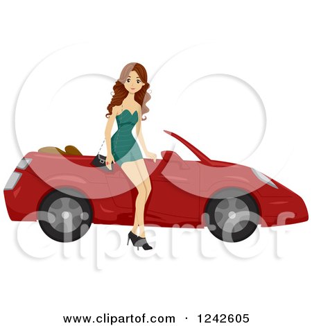 Clipart of a Beautiful Brunette Woman Sitting on a Sports Car - Royalty Free Vector Illustration by BNP Design Studio