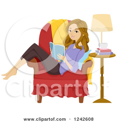 Clipart of a Teenage Girl Reading a Book Sideways in a Chair - Royalty Free Vector Illustration by BNP Design Studio