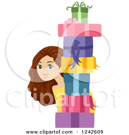 Clipart of a Young Brunette Woman Peeking Behind a Stack of Gifts - Royalty Free Vector Illustration by BNP Design Studio