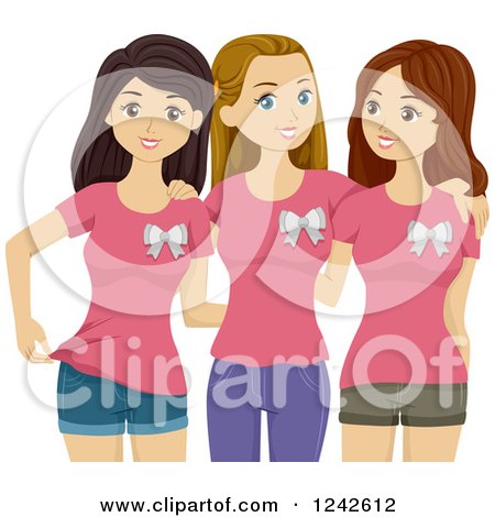 Clipart of Teen Girls in Matching Pink Shirts and Bows - Royalty Free Vector Illustration by BNP Design Studio