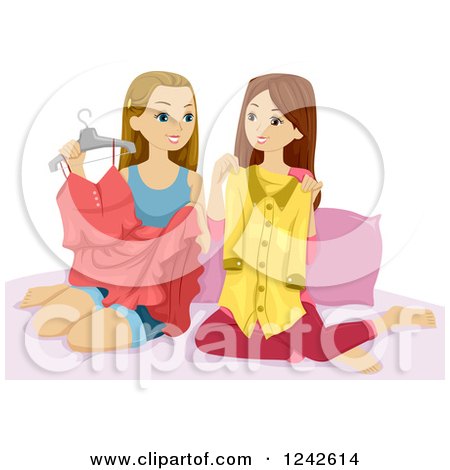 Clipart of Two Teen Girls Exchanging Clothes - Royalty Free Vector Illustration by BNP Design Studio