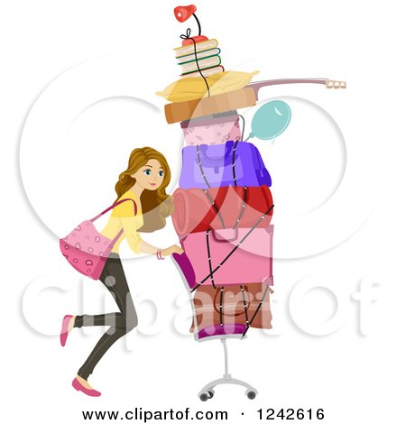 Clipart of a Young Woman Pushing Belongings on a Chair While Moving into a Dorm - Royalty Free Vector Illustration by BNP Design Studio