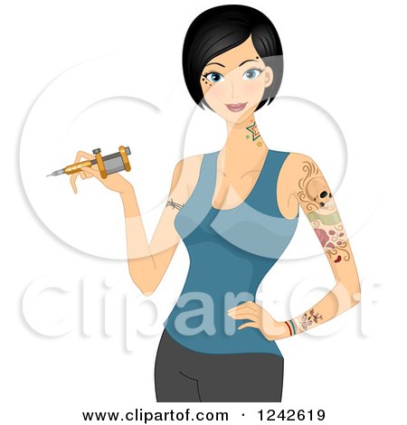 Clipart of a Pretty Female Tattoo Artist Holding a Machine - Royalty Free Vector Illustration by BNP Design Studio