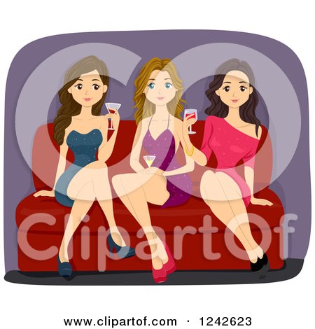 Clipart of Three Young Ladies with Cocktails at a Bar - Royalty Free Vector Illustration by BNP Design Studio
