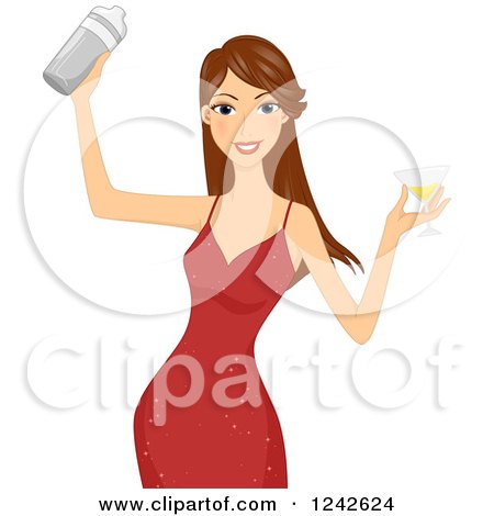 Clipart of a Beautiful Brunette Woman Mixing Cocktails - Royalty Free Vector Illustration by BNP Design Studio