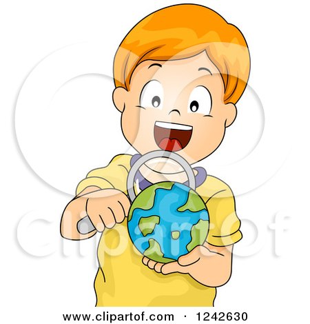 Clipart of an Excited Red Haired Boy Viewing a Globe Through a Magnifying Glass - Royalty Free Vector Illustration by BNP Design Studio