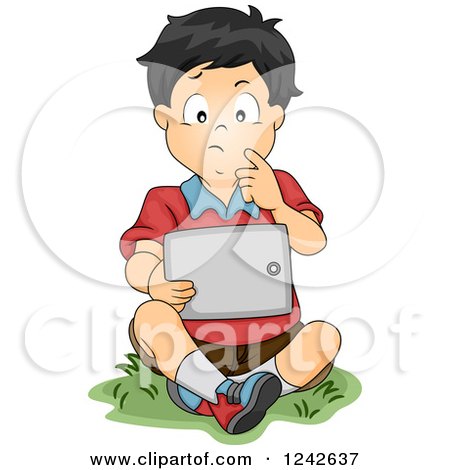 Clipart of a Thinking Asian Boy Sitting with a Tablet in Grass - Royalty Free Vector Illustration by BNP Design Studio
