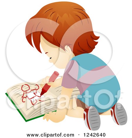 Clipart of a Boy Kneeling on the Floor and Drawing in a Book - Royalty Free Vector Illustration by BNP Design Studio