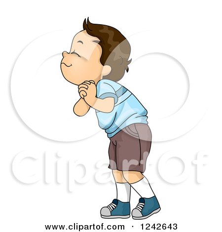Clipart of a Brunette Boy Smelling and Clasping His Hands - Royalty Free Vector Illustration by BNP Design Studio