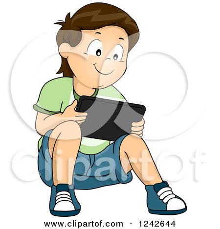 Clipart of a Boy Sitting on the Ground and Playing on a Tablet Computer - Royalty Free Vector Illustration by BNP Design Studio