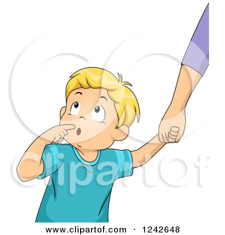 Clipart of a Blond Boy Looking Back in Wonder and Holding Hands with His Dad - Royalty Free Vector Illustration by BNP Design Studio