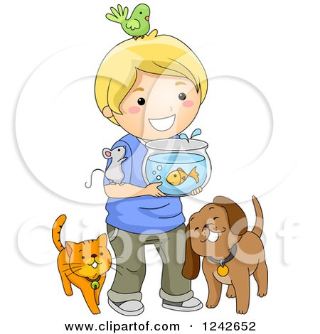 Clipart of a Happy Blond Boy with His Pets - Royalty Free Vector Illustration by BNP Design Studio