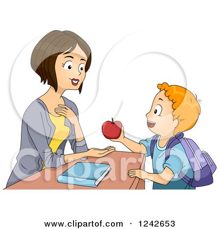 Clipart of a Pleased Teacher Receiving an Apple from a School Boy - Royalty Free Vector Illustration by BNP Design Studio
