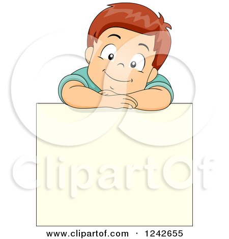 Clipart of a Happy Boy Resting over a Sign Board - Royalty Free Vector Illustration by BNP Design Studio