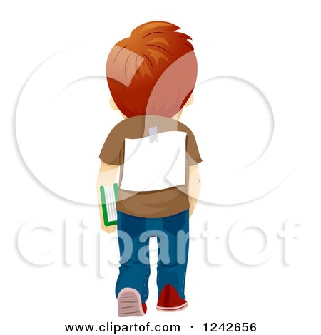 Clipart of a Rear View of a School Boy Walking with a Sign on His Back - Royalty Free Vector Illustration by BNP Design Studio