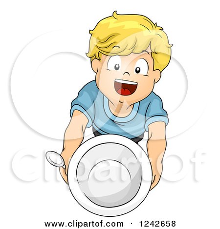 Clipart of a Blond Boy Holding up an Empty Bowl - Royalty Free Vector Illustration by BNP Design Studio