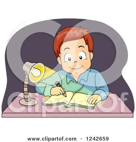 Clipart of a Happy Boy Writing at a Desk at Night - Royalty Free Vector Illustration by BNP Design Studio