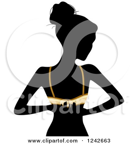 Clipart of a Black Silhouetted Woman Unclasping Her Bra - Royalty Free Vector Illustration by BNP Design Studio