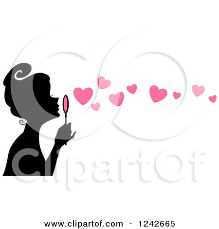 Clipart of a Black Silhouetted Woman Blowing Pink Heart Bubbles - Royalty Free Vector Illustration by BNP Design Studio