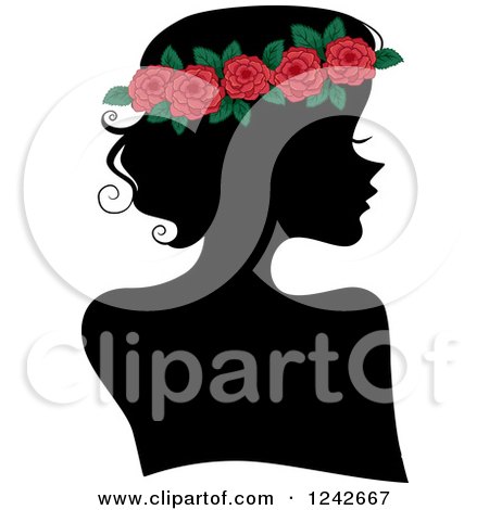 Clipart of a Black Silhouetted Woman with a Red Rose Headband - Royalty Free Vector Illustration by BNP Design Studio