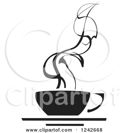 Clipart of a Black and White Cup of Coffee with Swirling Steam - Royalty Free Vector Illustration by xunantunich
