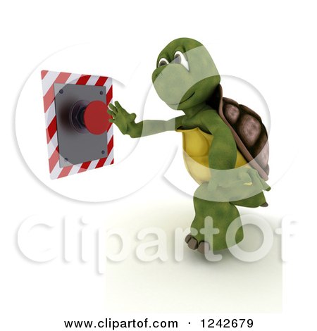 Clipart of a 3d Tortoise Pushing a Red Button - Royalty Free Illustration by KJ Pargeter
