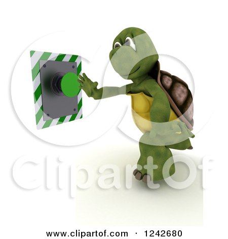 Clipart of a 3d Tortoise Pushing a Green Button - Royalty Free Illustration by KJ Pargeter