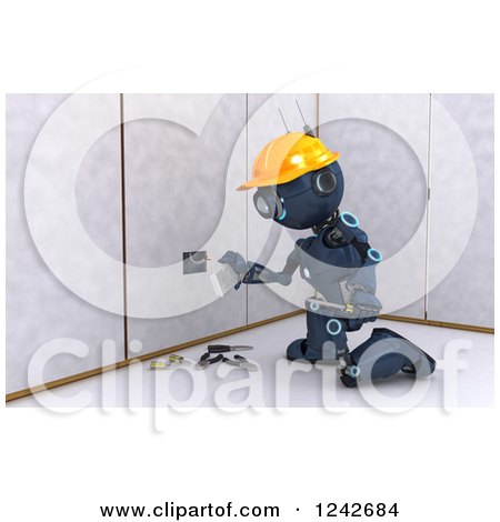 Clipart of a 3d Blue Android Construction Robot Installing an Electrical Socket 3 - Royalty Free Illustration by KJ Pargeter
