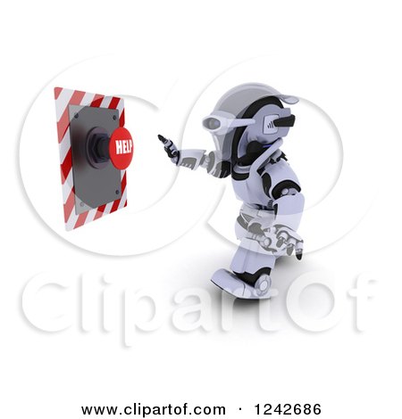 Clipart of a 3d Robot Pushing a Help Button - Royalty Free Illustration by KJ Pargeter