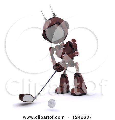 Clipart of a 3d Red Android Robot Golfing 5 - Royalty Free Illustration by KJ Pargeter
