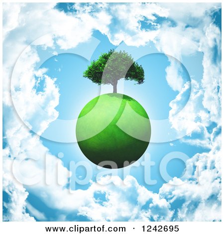 Clipart of a 3d Grassy Green Planet with a Tree over a Cloudy Blue Sky - Royalty Free Illustration by KJ Pargeter