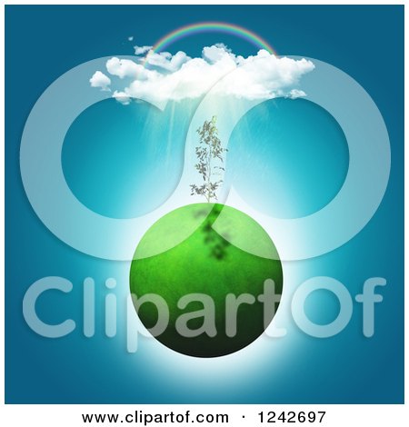 Clipart of a 3d Grassy Green Planet with a Seedling Plant and Sunshine, Cloud and Rainbow - Royalty Free Illustration by KJ Pargeter
