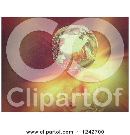 Clipart of a 3d Golden Wire Earth Globe over Vintage Flares of Light - Royalty Free Illustration by KJ Pargeter