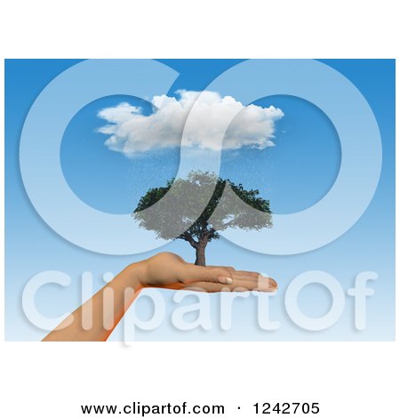 Clipart of a 3d Human Hand Holding a Tree Under a Rain Cloud in a Blue Sky - Royalty Free Illustration by KJ Pargeter