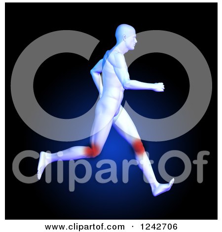 Clipart of a 3d Running Medical Anatomy Man with Glowing Knees on Dark Blue - Royalty Free Illustration by KJ Pargeter
